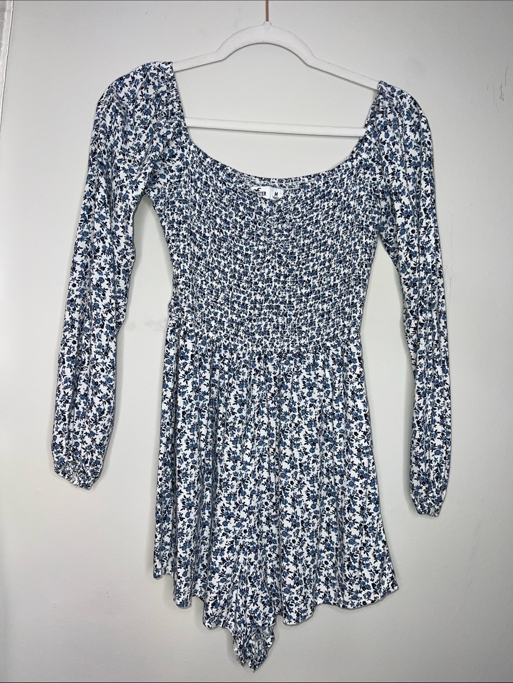 Hollister Blue and White Floral Smocked Long Sleeve Romper